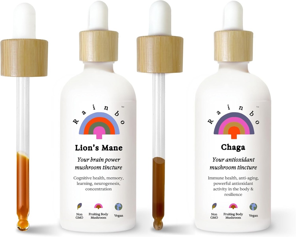 Rainbo Mushroom Bundle, Lion's Mane Mushroom Extract + Chaga Mushroom Tincture, Dual Extract Daily Mushroom Tinctures för omfattande immunstöd, Vegan Liquid Mushroom Supplements