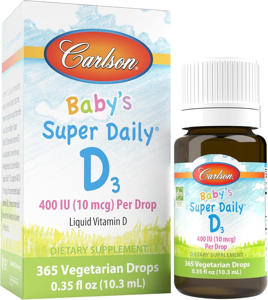 Carlson - Babys Super Daily D3, Baby Vitamin D Drops, 400 IE (10 mcg) per Drop, 1-årig Supply, Vegetarian, Liquid Vitamin D för spädbarn och småbarn, Unflavored, 365 droppar
