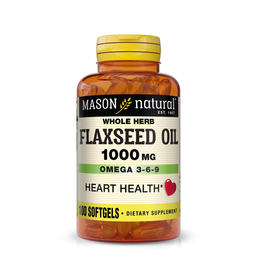 MASON NATURAL Flaxseed Oil 1000mg - Omega 3-6-9 Softgels för hjärthälsa - Cold-Pressed Whole Herb Supplement - Gluten-Free, Non-GMO, 100 Softgels