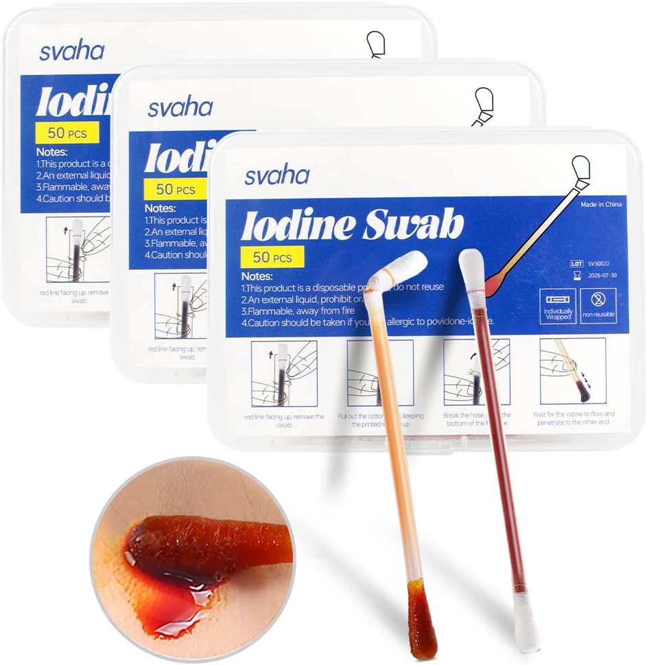 Povidone Iodine Swabs - 150 Sticks Sterile Iodine Swabsticks, individuellt inslagna bomullswabs, lösning fylld för sår rengöring, första hjälpen, resor