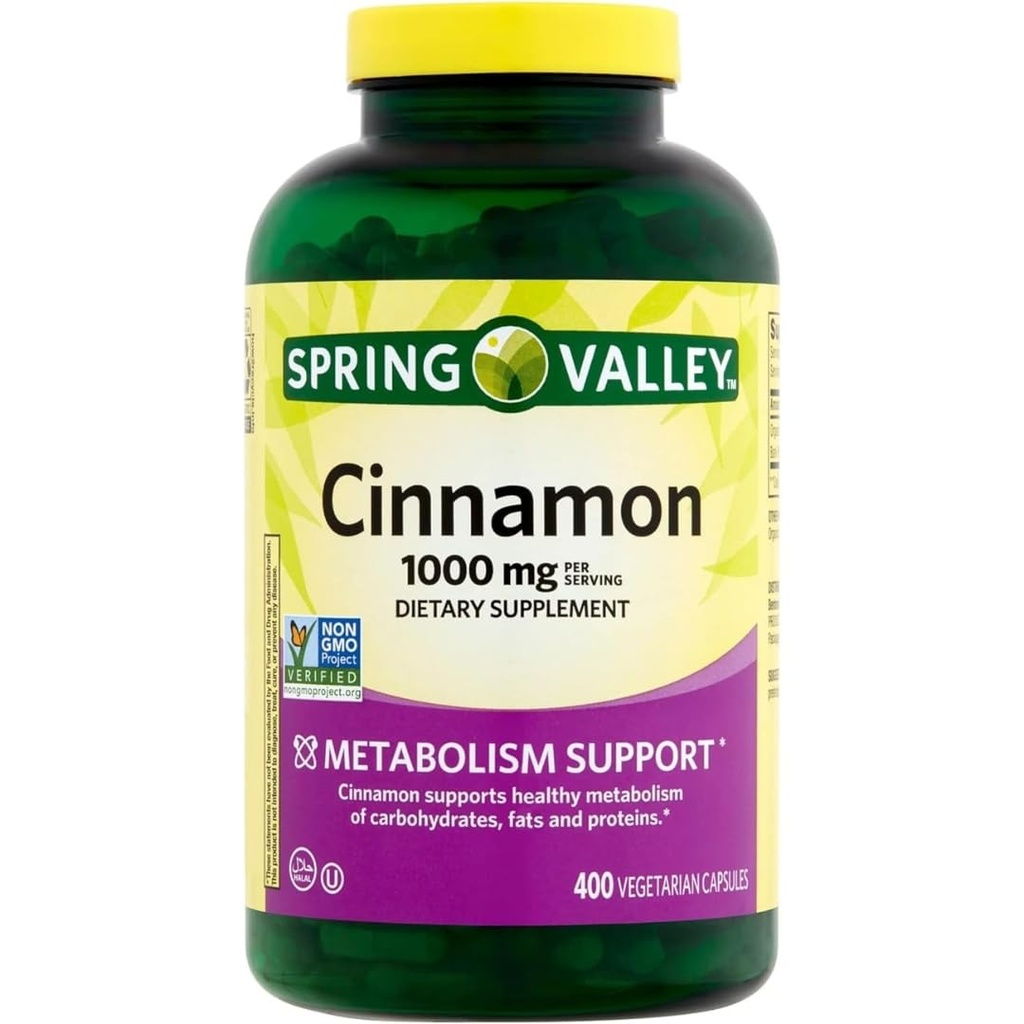 Spring Valley Cinnamon kosttillskott, 1000 mg, 400 vegetariska kapslar - Metabolism Support. Inkluderar Sticker.
