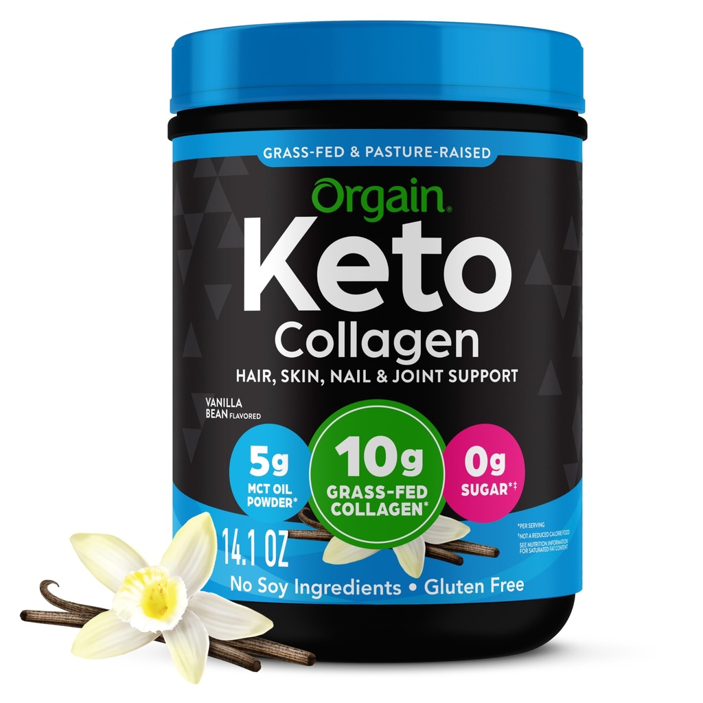 Orgain Keto Collagen Protein Powder, Vanilla - 10g Grass Fed Hydrolyzed Collagen Peptides för kvinnor och män, typ I & III, 5g MCT Oil - Hår, hud, nagel och gemensamt stöd, icke-GMO, Gluten Free - 0.88lb