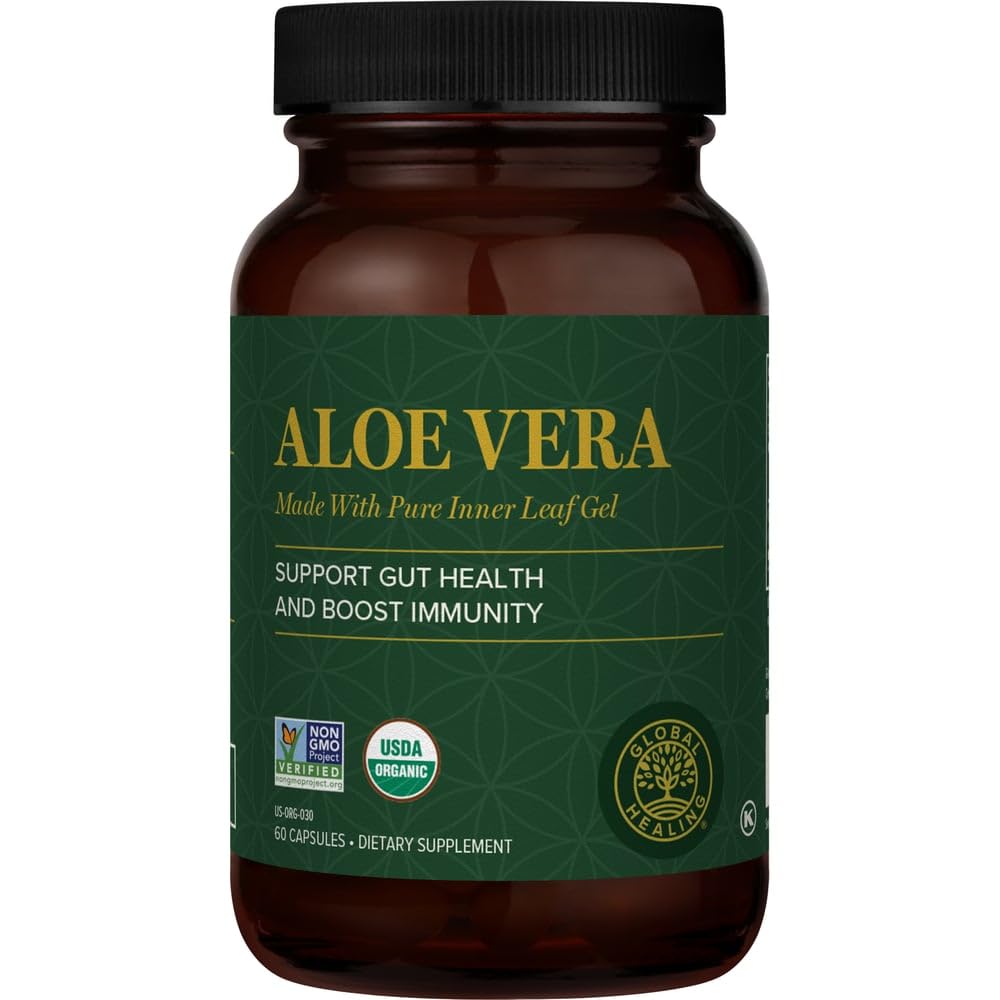 Global Healing Aloe Vera Bio-Active Organic Leaf Supplement - 200x Concentrate Formel med hög koncentration av Acemannan - Aloin-Free - Gut Health & Immune Support - 60 kapslar
