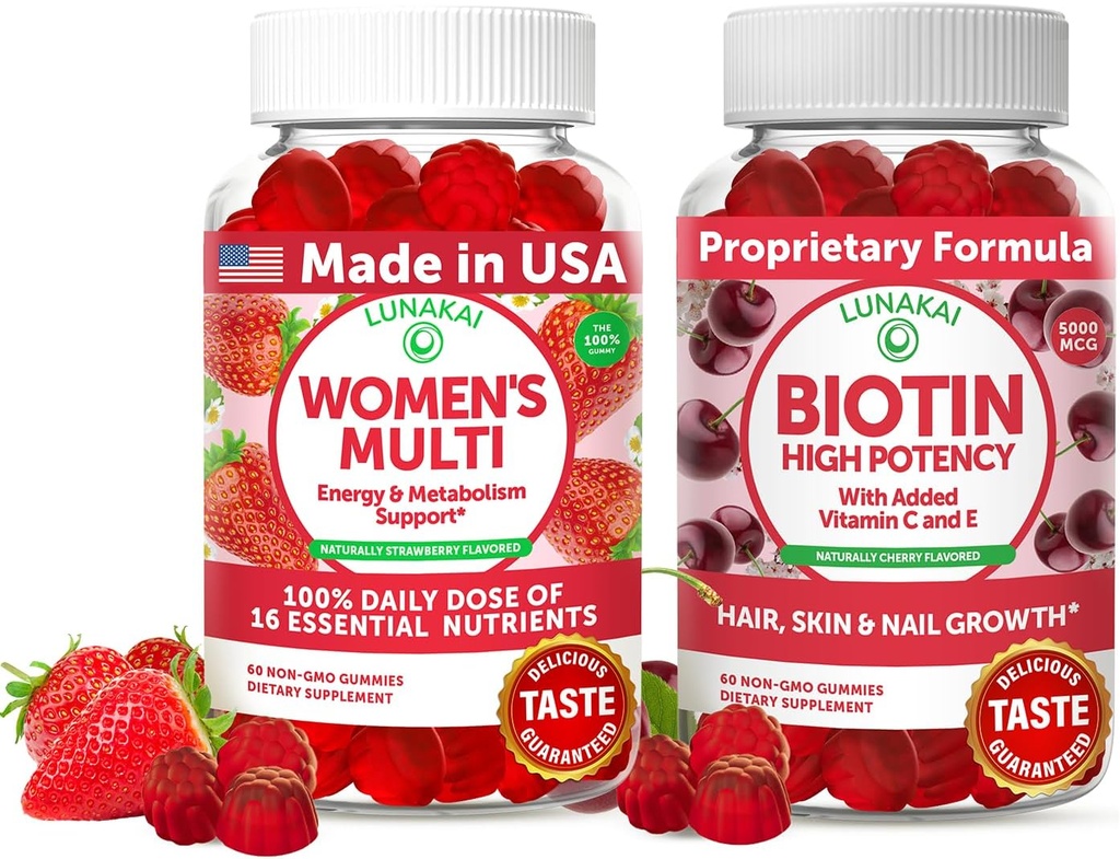 Lunakai USA Made Womens Multivitamin & Biotin Gummies Bundle - Energy & Hair, Skin, Nail Support - Naturligt smaksatt - 60 icke-GMO Gummies