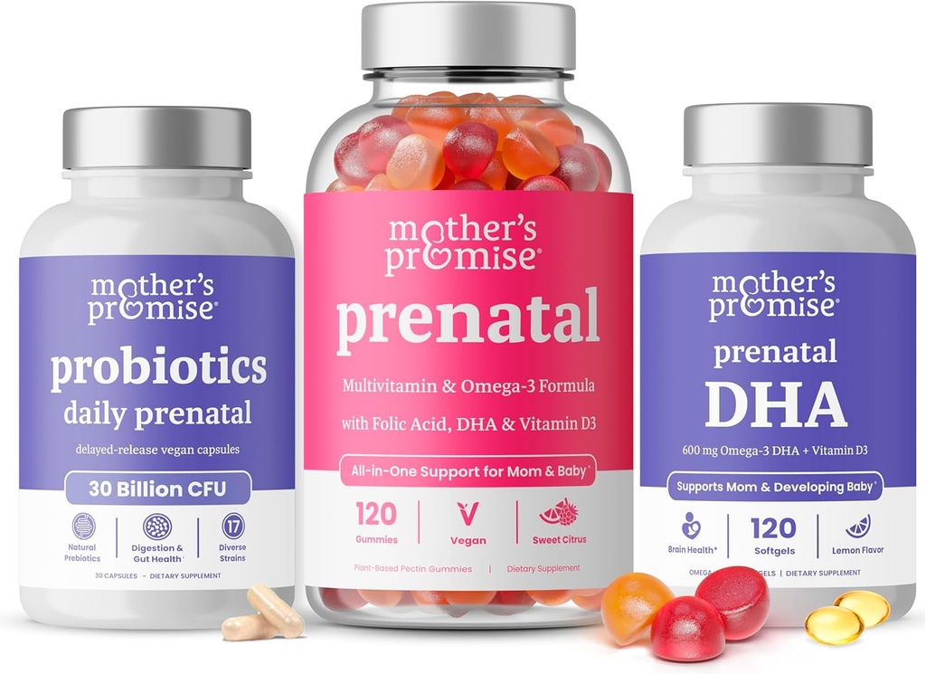 Mors löfte Prenatal Vitamin Gummies + Prenatal DHA & Prenatal Probiotics Bundle