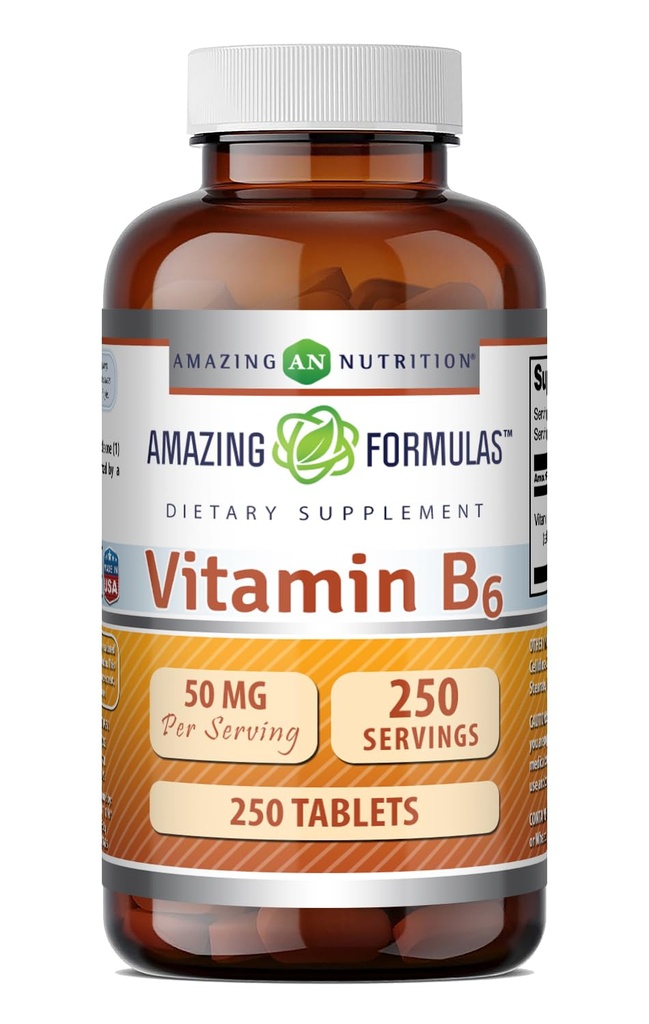Fantastiska formler Vitamin B6 Pyridoxin 50mg 250 tabletter Supplement | Icke GMO | Gluten Free | Made in USA