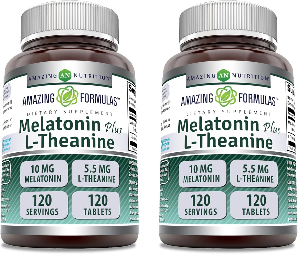 Fantastiska formler Melatonin 10 Mg Plus L-Theanine 5.5 Mg Supplement | 120 tabletter | Non-GMO | Gluten Free | Tillverkad i USA | Förpackning med 2