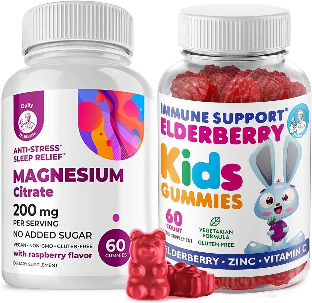 Elderberry Gummies for Kids and Magnesium 200 mg Gummies Sugar-Free - Healthy Immune System Booster and Health Support with Elderberries Extract with Magnesium Calm Chews for Kids & Adults Sugar-Free