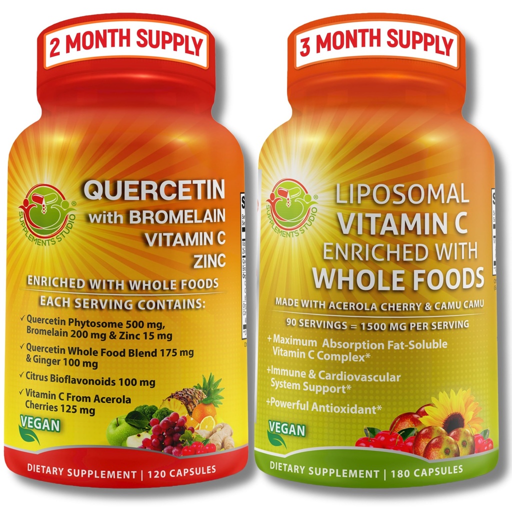 Quercetin med Bromelain, vitamin C & Zinc & Liposomal Vitamin C 1500mg - Immune Support Bundle med Organic Acerola Cherry, Camu Camu & Whole Food Antioxidants - Vegan, Non-GMO, Clean Label