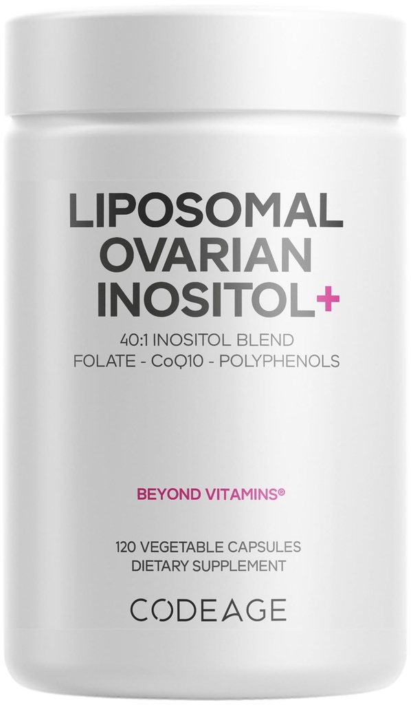 Codeage Liposomal Ovarian Inositol+ Supplement - Myo-Inositol & D-Chiro-Inositol 40:1 Blend, Folate 5-MTHF, CoQ10, Pomegranate & Wild Blueberry, Liposomal Delivery, Non-GMO, Gluten-Free - 120 Capsules