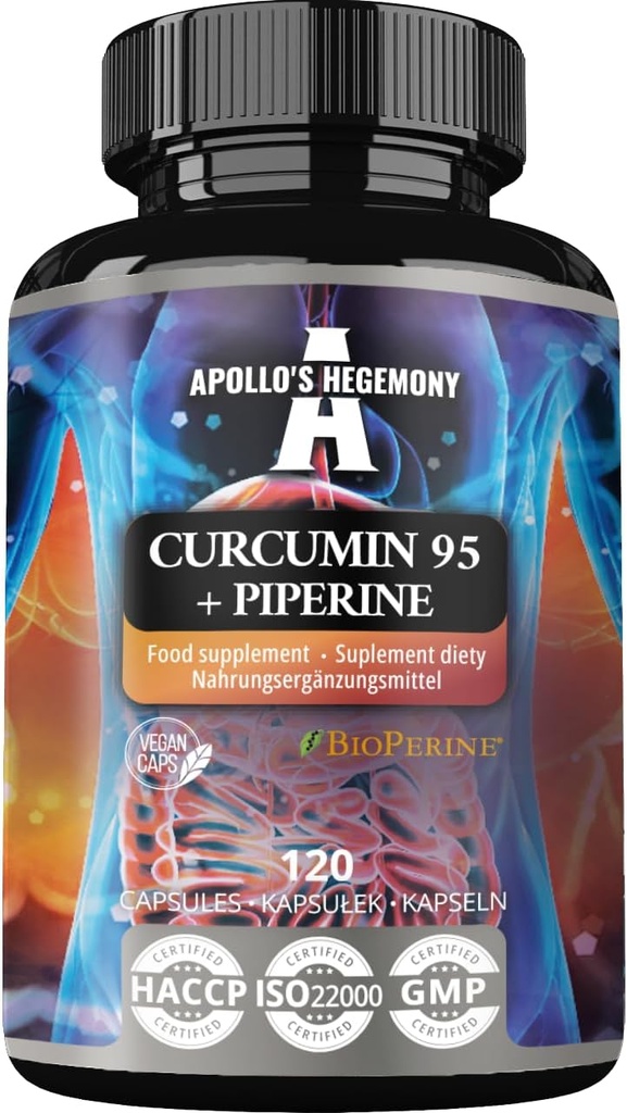 APOLLO: s HEGEMONY Curcumin 95 + Piperine 302mg per kapsel, hög styrka gurkmeja Rot Extract 95%, 120 Vegan kapslar, 4 månader Supply, för Optimal Digestion och Förbättrad Absorption