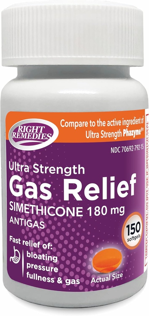 Gas Relief Ultra Strength, 180mg Simethicone (150 Softgels) Fast Relief från Gas, Bloating, Fullness, Painful Discomfort, Jämför med Ultra Strength Phazyme Active Ingredient
