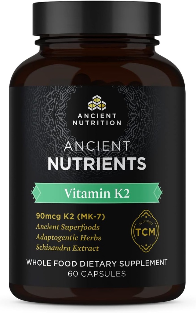 Ancient Nutrition Vitamin K2 Supplement, K2-90mcg K2, Adaptogenic Herbs, Enzyme Activated, stöder kardiovaskulär funktion, Paleo & Keto Friendly, 60 kapslar