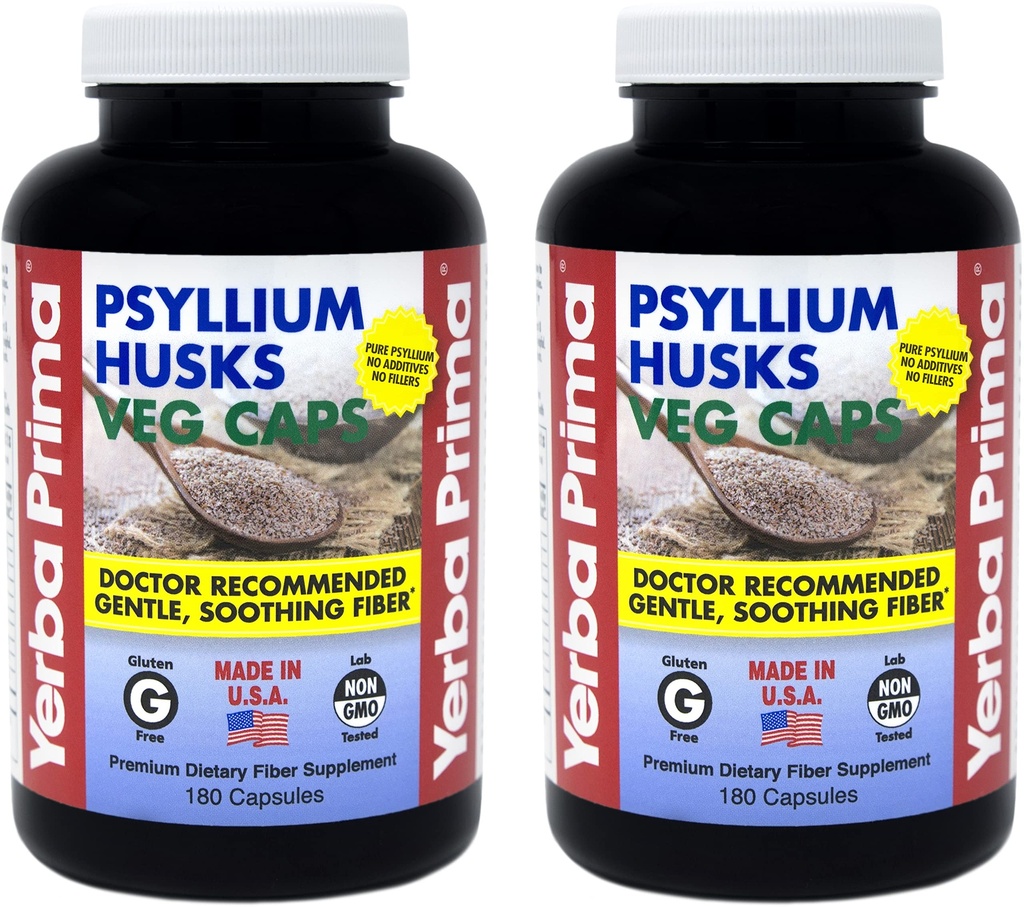Yerba Prima Psyllium Husks Veg Caps - 180 greve (2 Pack) (625mg) - Vegan, icke-GMO, Gluten Free, Colon Cleanser, Daily Fiber Supplement för Gut Health & Regularity