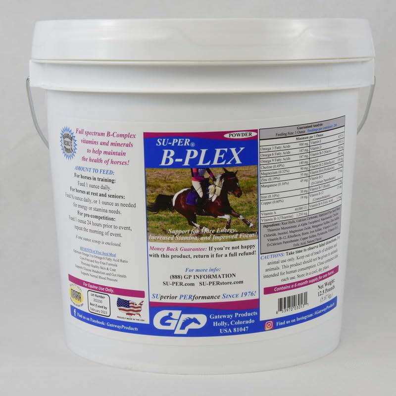 SU-PER B-Plex Pulver Equine Vitaminer - Komplett B-Complex Häst Vitaminer och mineraltillskott - Hälsosamma Hooves, Röda Blodceller, Hästkammarpulver - 12,5 pund, 6 månaders leverans (180 dagar)