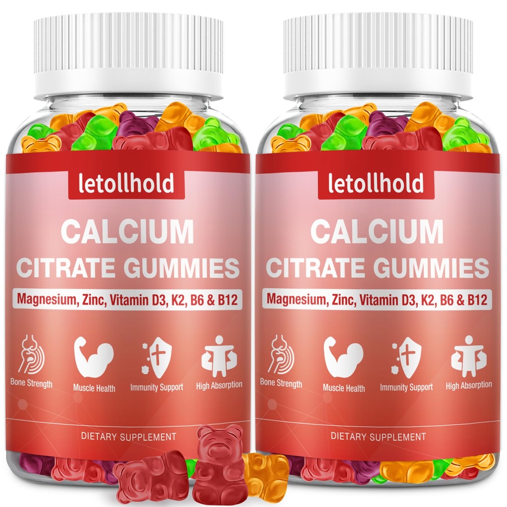 Calcium Citrate Gummies - 1200mg Calcium Gummies med Magnesium Zink Vitamin D3,K2, B6, B12 för Ben, Muscle, Joints, Immune Support, High Absorption Calcium Supplements for Women & Men 2 Packs