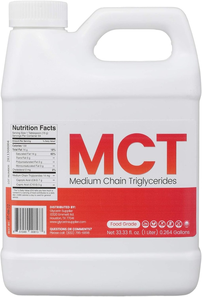Glycerin Supplier MCT Oil - 1 Liter (33.33 Oz.) Food Grade - Non GMO - Halal - Vegan - Sustainable Palm härrör - för tinkturer, Sport Nutrition, Keto eller Paleo Diet, Clean Energy