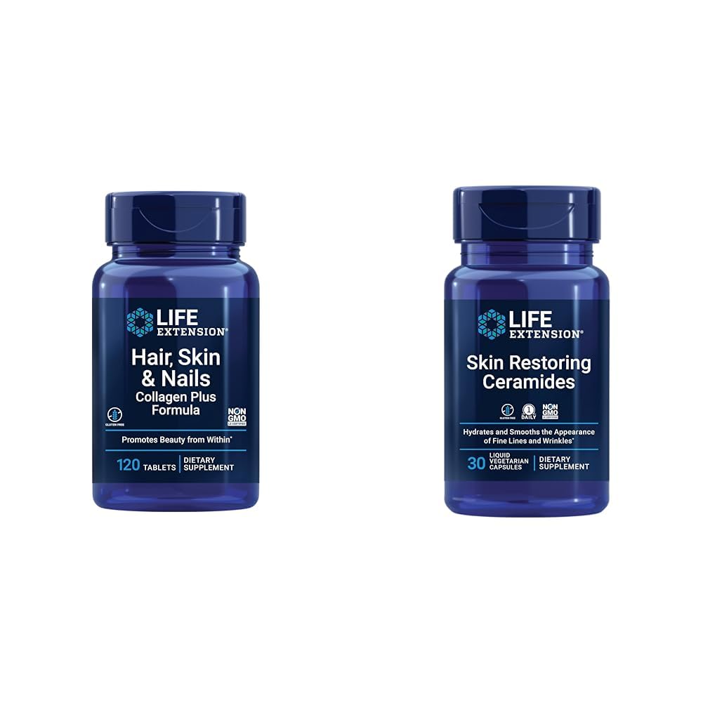 Life Extension Hair, Skin & Nails Collagen Plus Formel 120 Räkna & Hud Återställ Ceramides 30 Liquid Vegetarian Capsules
