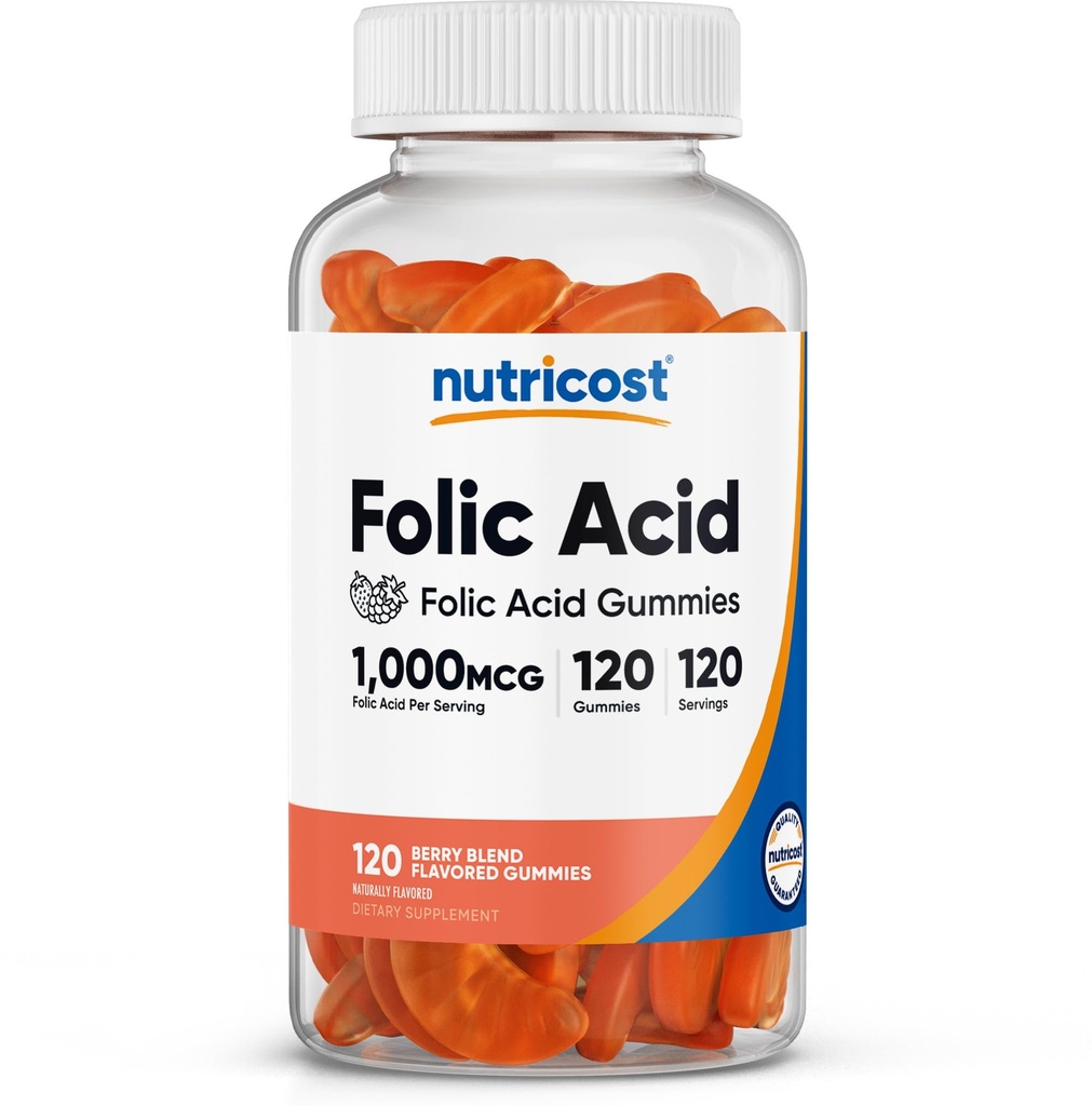 Nutricost Folic Acid (Vitamin B9) Vegetariska Gummies (120 Gummies, 1 mg folsyra per portion) - Tillskott för män och kvinnor