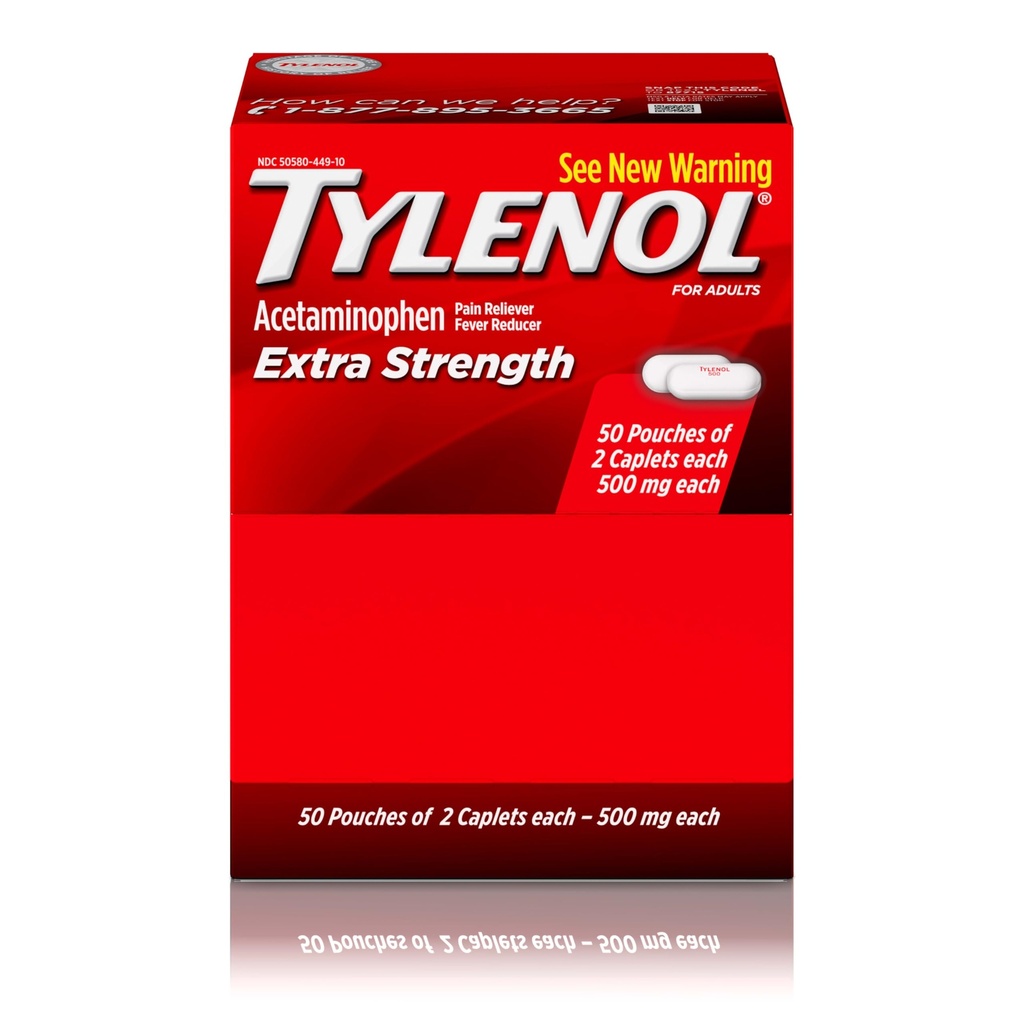 Tylenol Extra Strength Acetaminophen Caplets, 500 mg, smärtlindring och feber Reducer för huvudvärk, Backache, Toothache, Menstrual Cramps & Smärta, Travel-Friendly Packaging, 2-Caplet Pouches, 50 Count