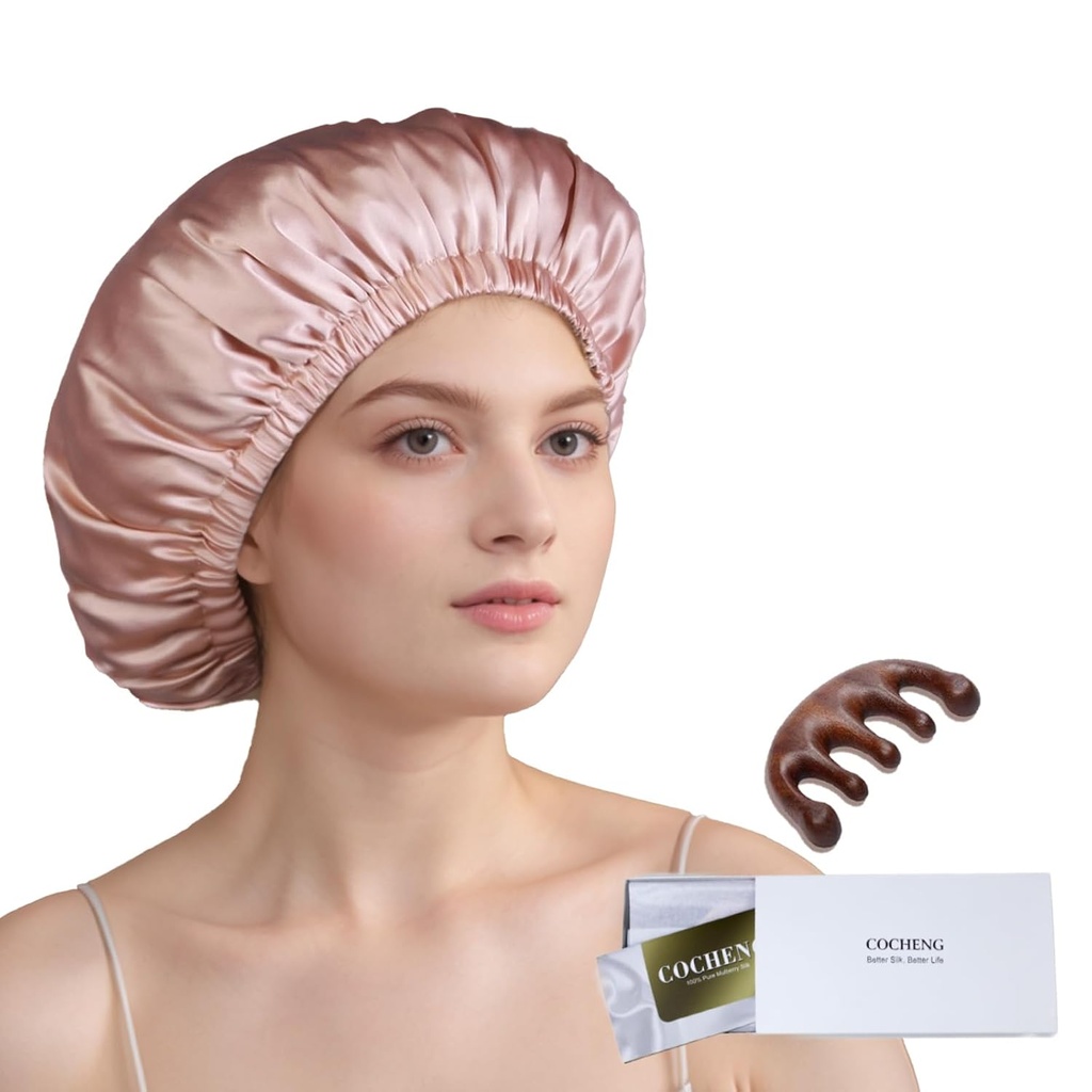 100% Mulberry Silk Bonnet för sovande kvinnor långt hår -Double Layer Sleep Cap - silk Sleep Bonnet med elastisk vistelse på huvudet (rosa, stor)