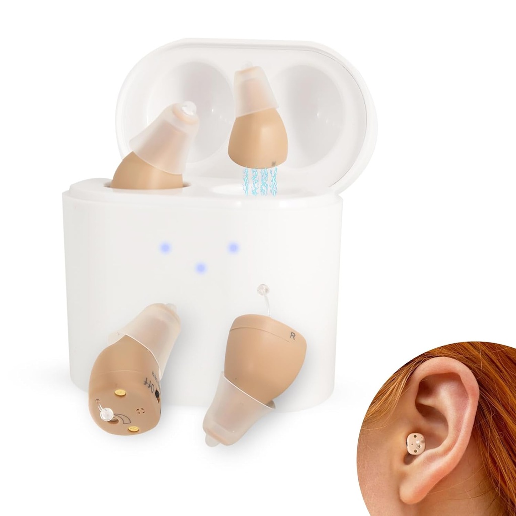 BEVI Hearing Aids for Adults Seniors with Charging Case, OTC Hearing Aids Rechargeable for Adults Seniors Rechargeable with Noise Cancelling, Invisible Hearing Aid Beige, 1 Pair