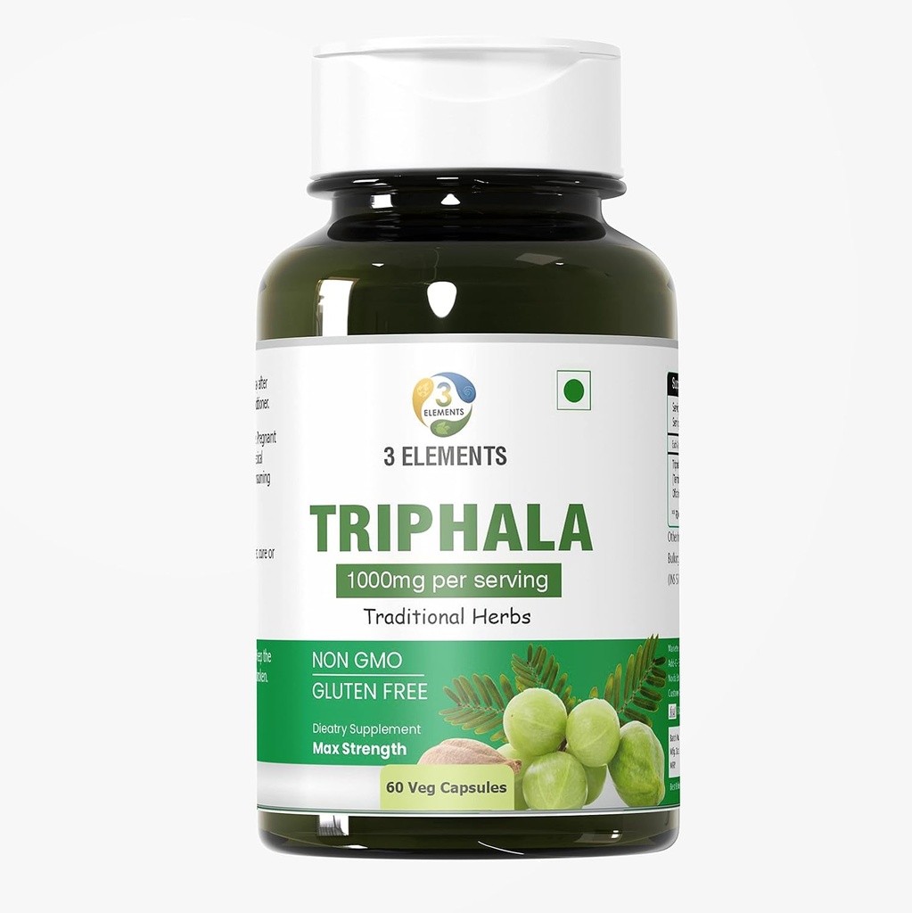 3elements Triphala 1000mg I 60 kapslar för daglig avgiftning, rengöring och föryngring, utmattning och Colon Support, Immune System Support, Adaptogen, näringsmedel Dense, Vegan, Gluten-Free