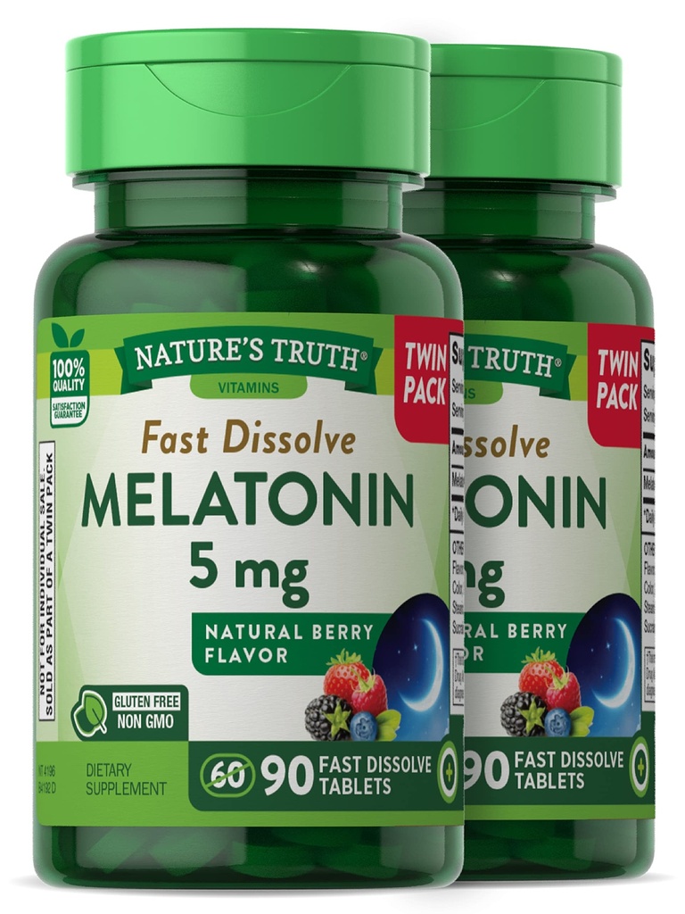 Naturens Sanning Melatonin 5 mg | 180 Snabbupplösta tabletter (2 X 90 Twin Pack) | Naturbär smak | Vegetarisk, icke-GMO, Gluten fri tillägg