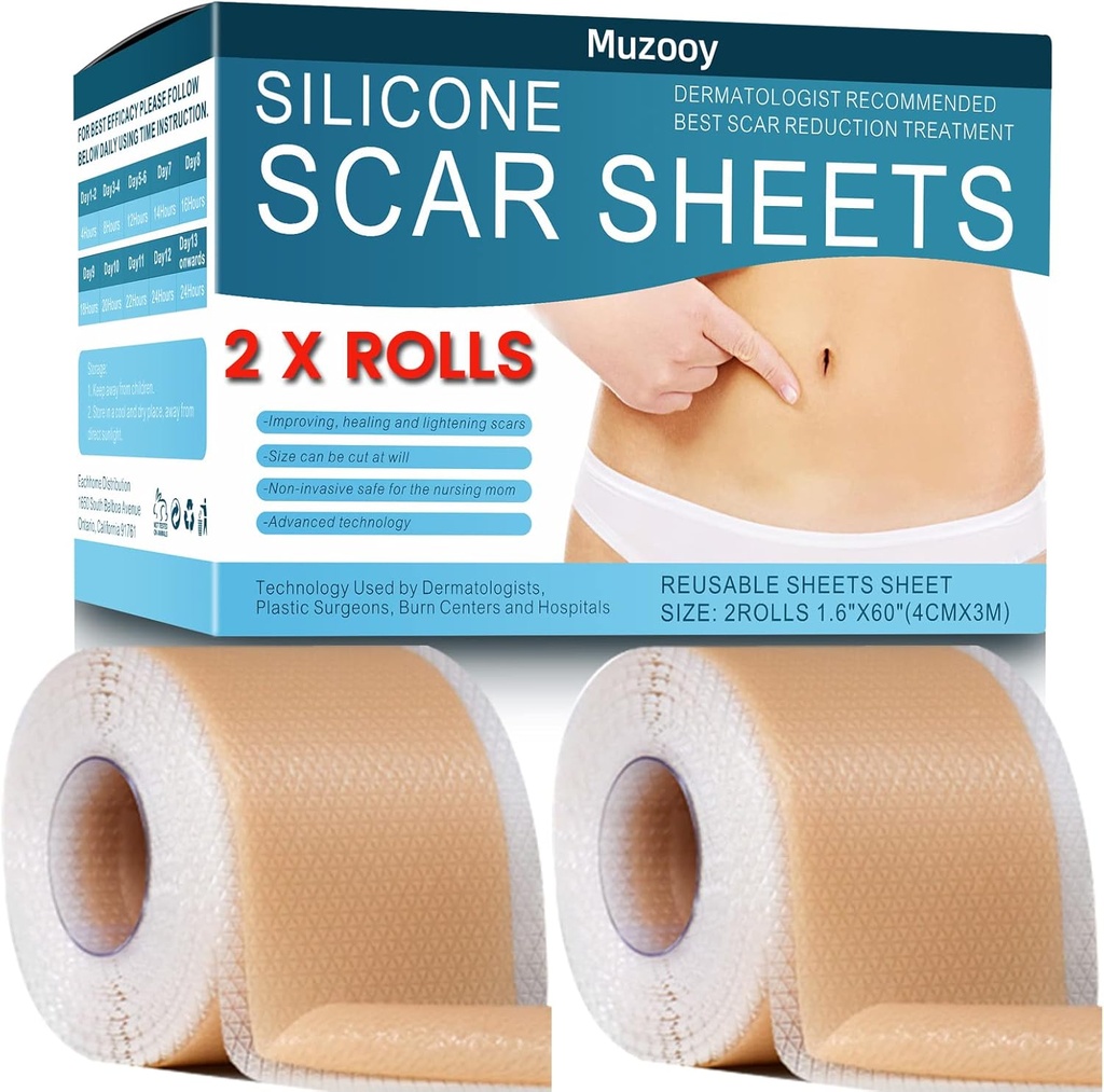 Silicone Scar Sheets (2 Rolls), Medical Grade Silicone Scar Tape, Scar Removal Strips för Acne, Burn Scars C-Section & Keloid Surgery Scars Sheets Treatment Sheets - 8 Month Supply