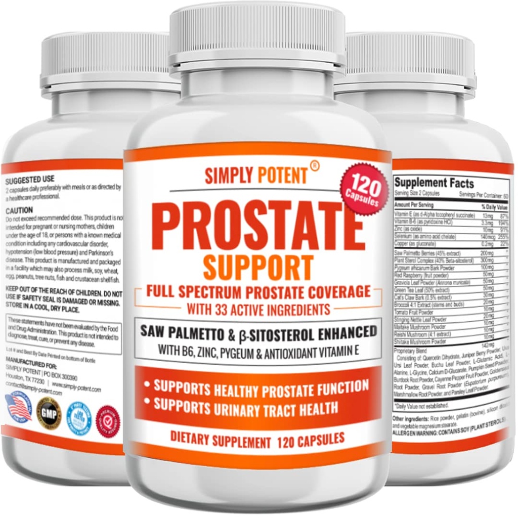 Prostate Supplements for Men (120 kapslar), Saw Palmetto Prostate Health Support - 33 Vitaminer & Herbs - Beta Sitosterol Plus B6, Selenium & Zink för hälsosam urinering Frequency & Flow & Proper Sleep