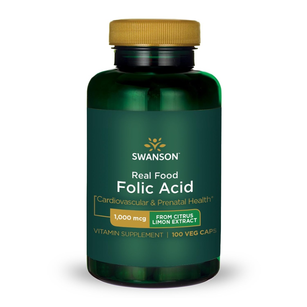 Swanson Real Food Folic Acid Folate Vitamin B-9 Cardiovascular Prenatal Health från Citrus Limon Extract Vegan Gluten-Free Non-GMO B9 1000 mcg 100 Veggie Capsules (Caps)
