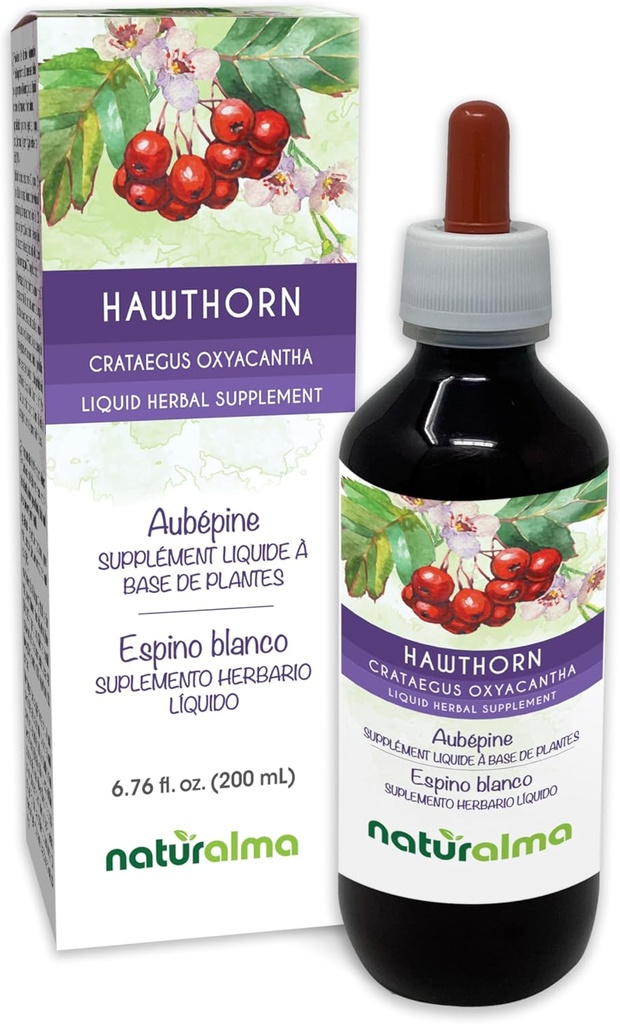 Naturalma Hawthorn (Crataegus oxyacantha) Leaf och Flower Alcohol-Free Tincture - 6,76 fl oz Liquid Extract i droppar - Herbal Supplement - Vegan