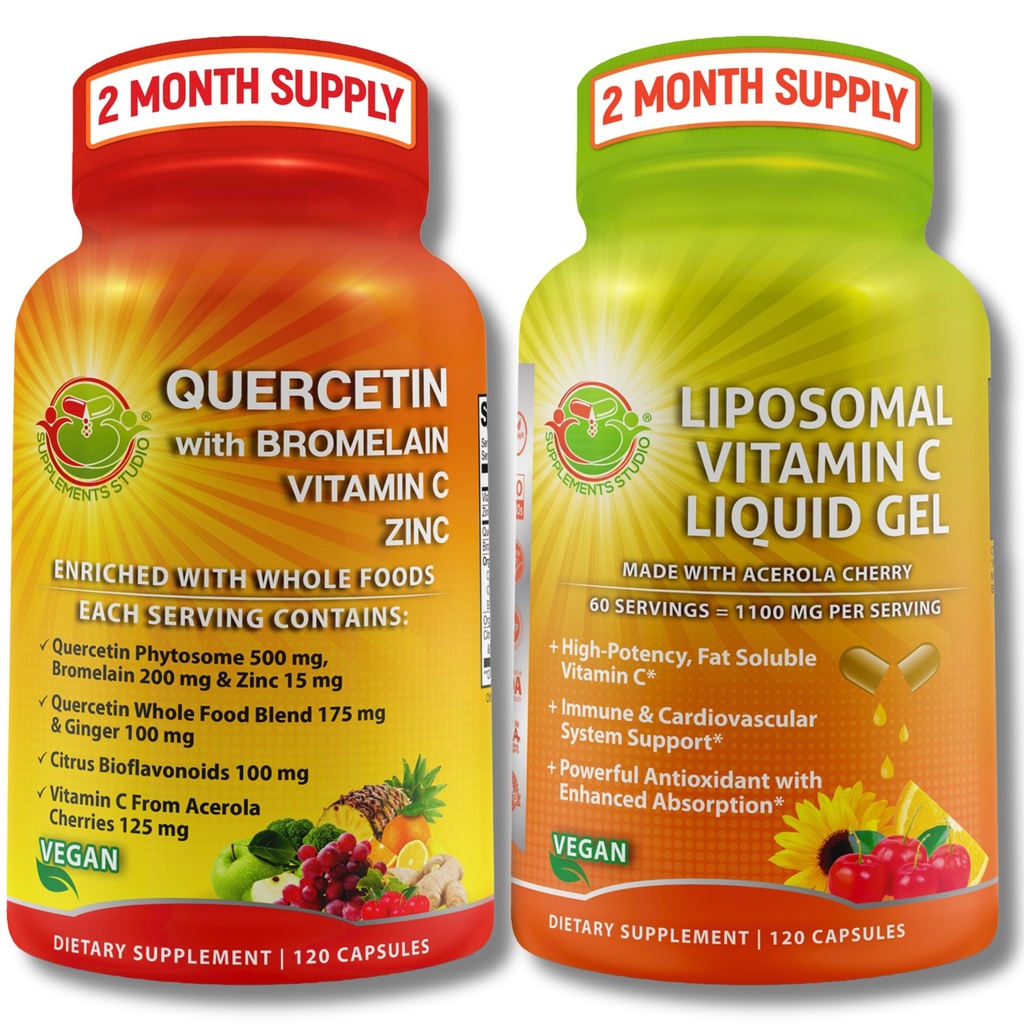 Immune Support Bundle - Quercetin med Bromelain, Vitamin C & Zinc + Liposomal Vitamin C 1100mg - med Organic Whole Food Blend & Acerola Cherry - Antioxidant, Respiratory & Cardiovascular Support