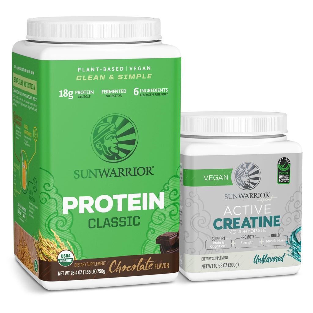 Sunwarrior Brown Rice Protein Powder Plant-Based | Chocolate 30 Servings & Creatine Monohydrate Powder | Micronized Unflavored, 60 Servings