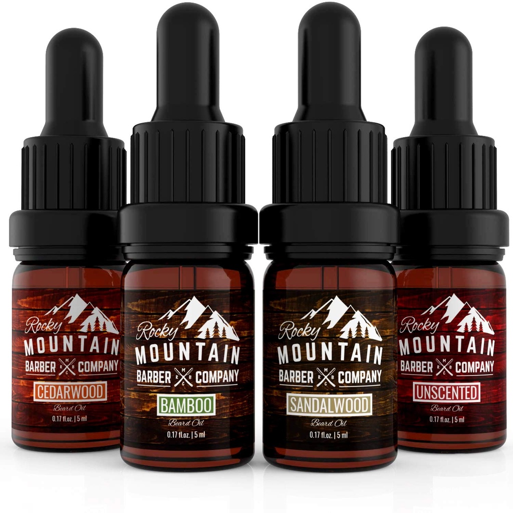 Rocky Mountain Barber Company Beard Oil Sample Size Pack - 4 Unique Beard Oil Varieties (0,17 oz varje) - Cedarwood, Sandalwood, Bamboo & Unscented - Innehåller viktiga oljor