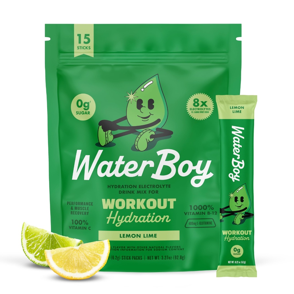 Waterboy Workout Hydration | 2 960mg Sugar Free Electrolyte Powder Packets | L-Glutamin + Vitaminer | No Sugar, All Natural, Gluten Free | 15 Drink Stick Mixes (Lemon Lime)
