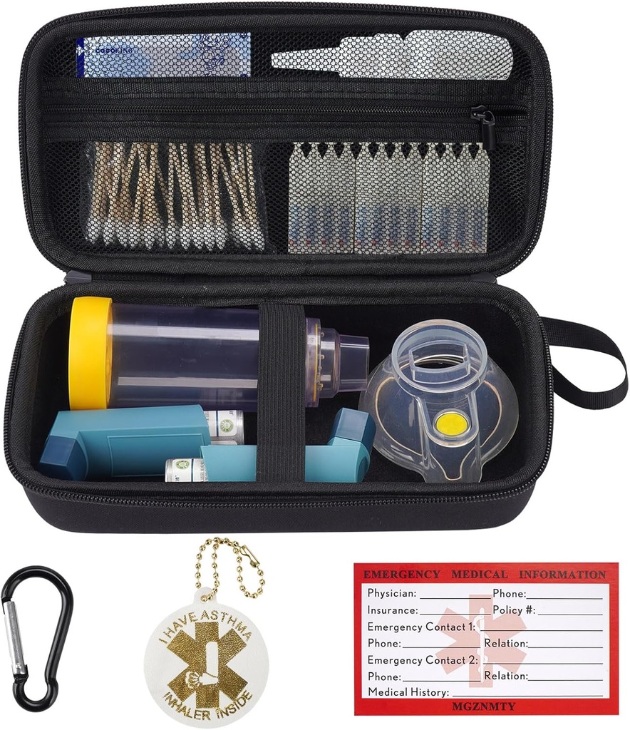MGZNMTY Travel Carrying Case Compatible with Asthma Inhaler Spacer for Adults and Children, Masks, Inhaler Holder with Asthma Alert Tag and Medical Card, Carabiner (Only Case) (Black)