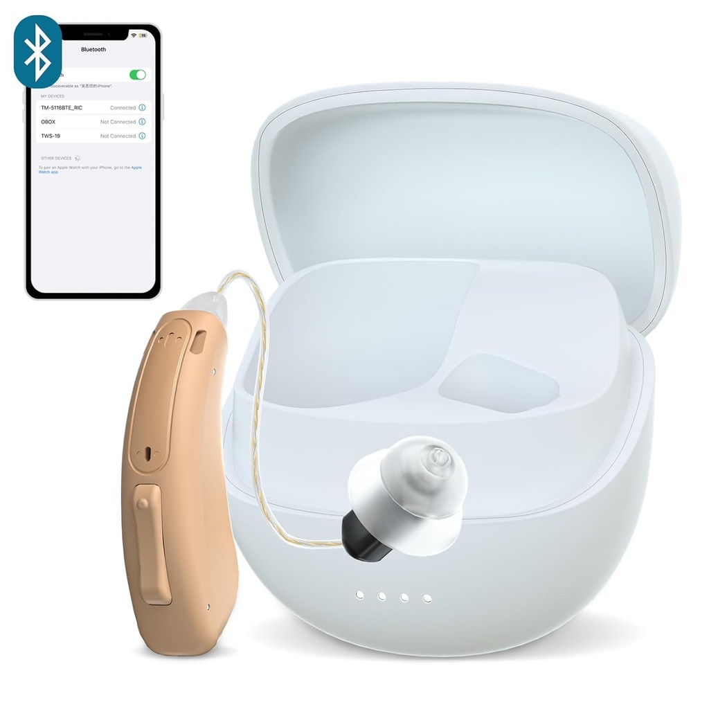 RIC Single Hearing Aid for Seniors, CUSTOM FIT Digital Over-The-Counter Rechargeable Tinnitus Masking Premium Hearing Aid Solution for Adults,Nearly Invisible Bluetooth Call Enabled, Auto-On, 1pc Vänster Side