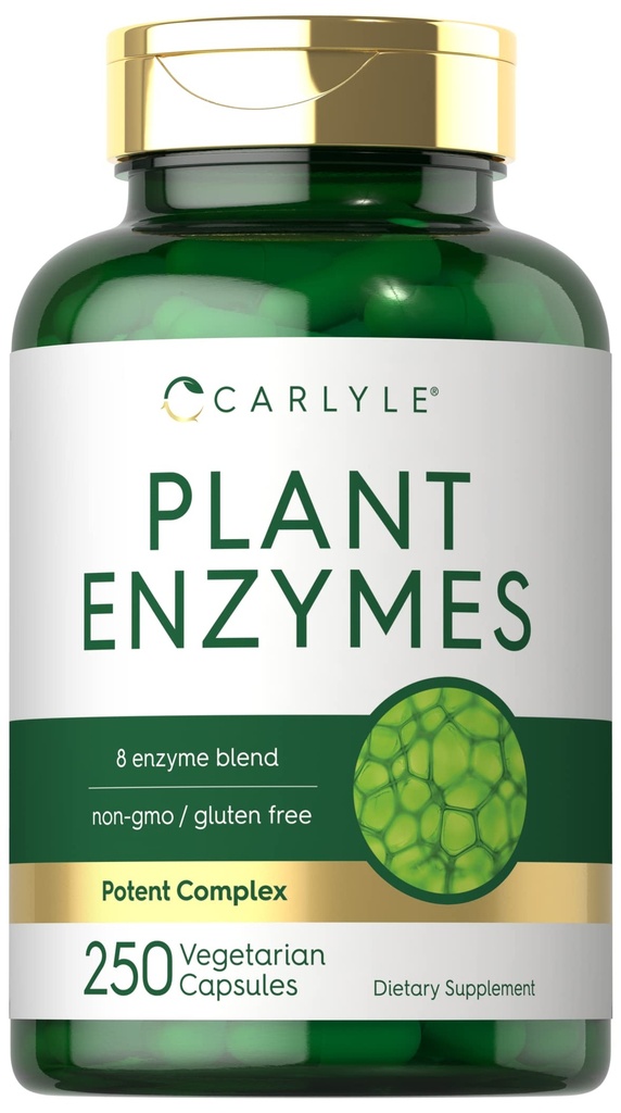 Carlyle Plant Enzymes med Protease, Papain, Lactase och Bromelain | 250 kapslar | Multi Enzyme Blend | Non-GMO & Gluten Free Supplement