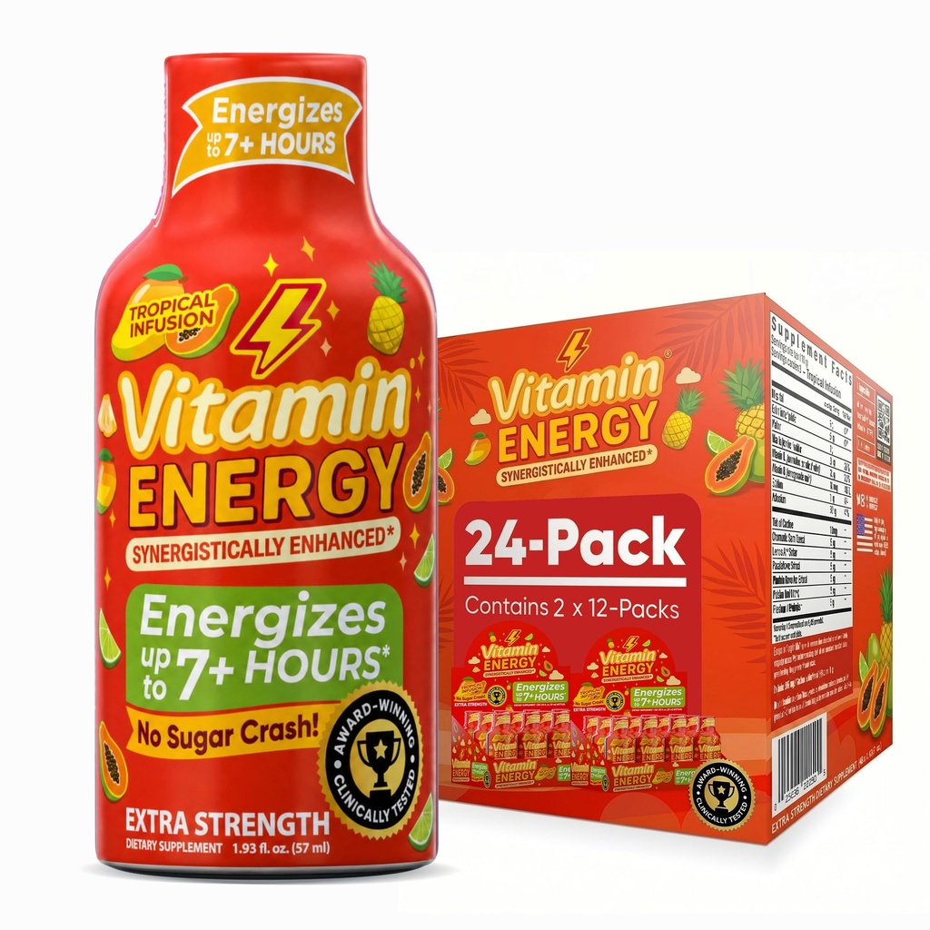 Vitamin Energy Focus+ Extra Strength Energy Shot Tropical Infusion 24 Pack, 260mg Natural Caffeine, B-Vitaminer, CoQ10, Aminosyror, Fokus, Produktivitet & Clarity, Zero Sugar, Gluten-Free, 1,93 fl oz