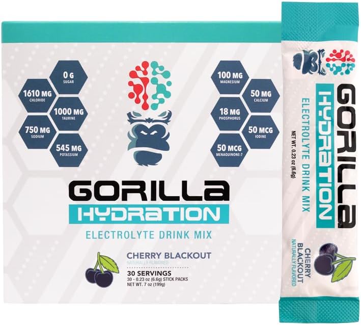 Gorilla Mind Hydration Packets - 3,073mg Electrolytes On The Go Convenient Drink Mix för omfattande replikering - Zero Sugar, naturligt sötad och fastande vänlig - 30 greve (Cherry Blackout)