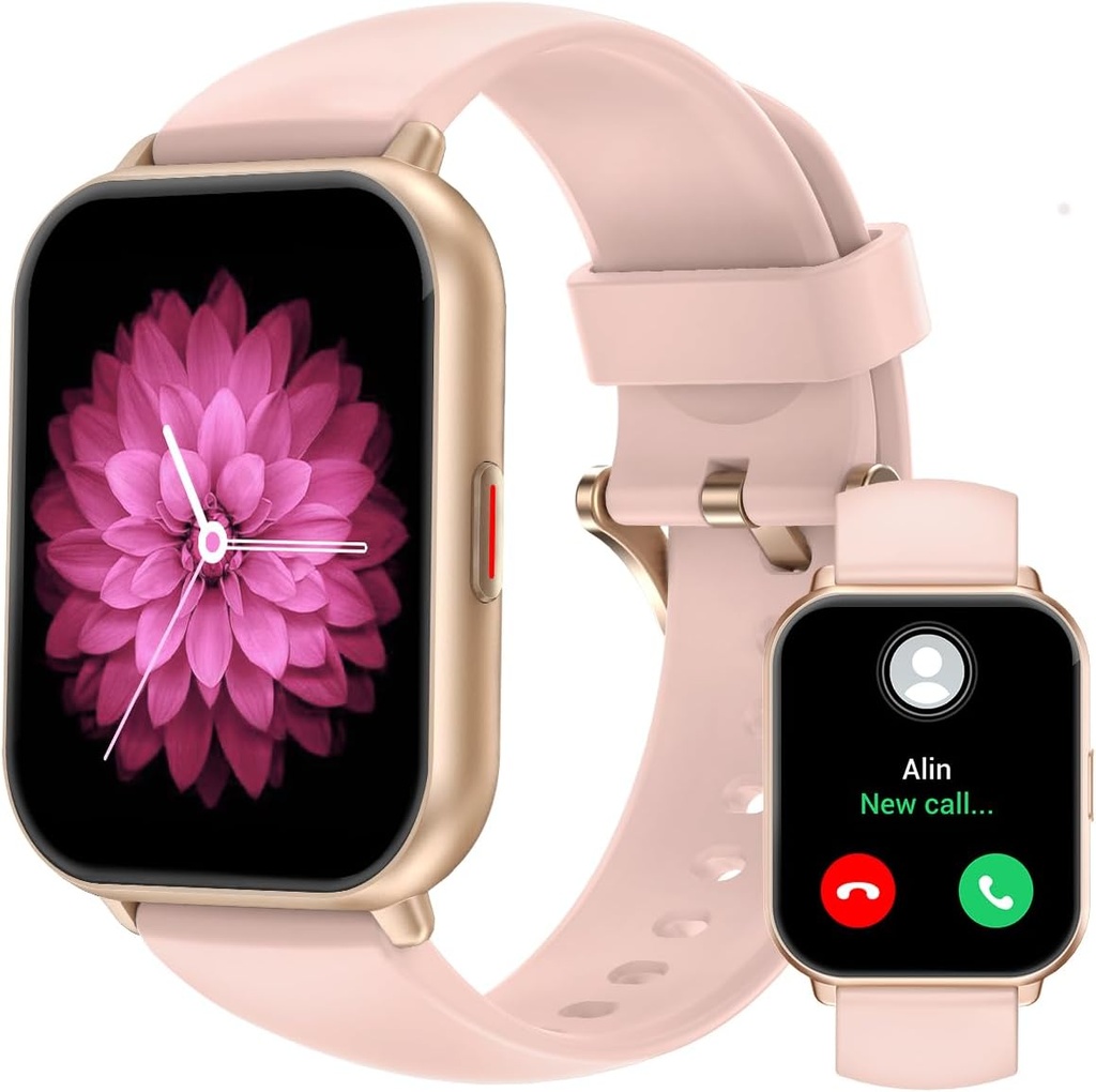 RUIMEN Smart Watches for Men Women (Answer/Make Calls, 2 Bands Included), 1,8" Smartwatch för iOS/Android Phones, Fitness Tracker Heart Rate/Sleep Monitor Digital Watch Waterproof Pink