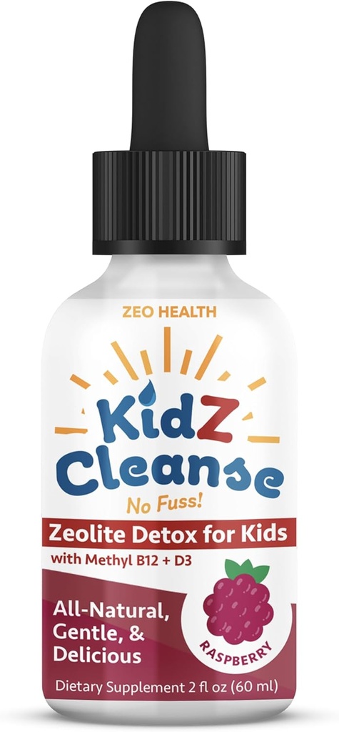 Kidz Cleanse | Zeolite Detox för barn | Utveckling, beteende, energi och Gut Health Support Supplement | Lätt att ta, Pure Liquid Zeolite Drops + Methyl B12 + D3 (Raspberry Flavor) - 2oz