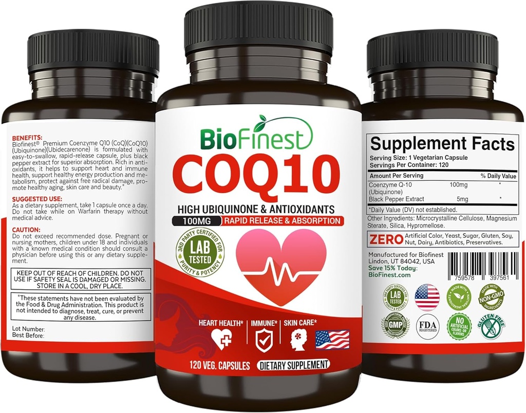 BioFinest CoQ10 Coenzyme Q10 100mg Supplement - Snabb släpp snabbt absorption - Immunhjärt energiantioxidant (120caps)