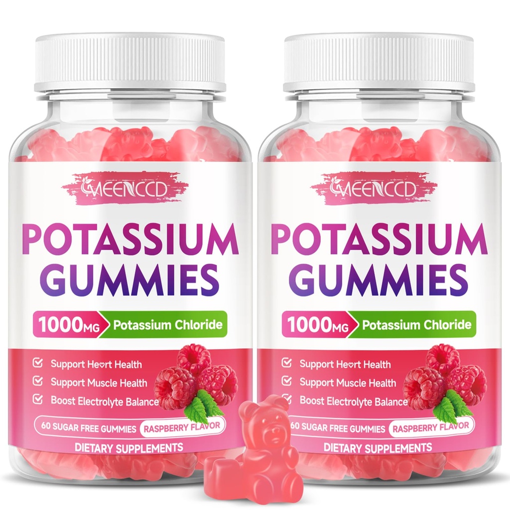 2 Pack kalium gummies, kaliumklorid 1000mg för vuxna, sockerfri kalium tillskott gummies stöd Electrolyte Balance & Leg kramper för kvinnor och män, hallon smak, 120 greve