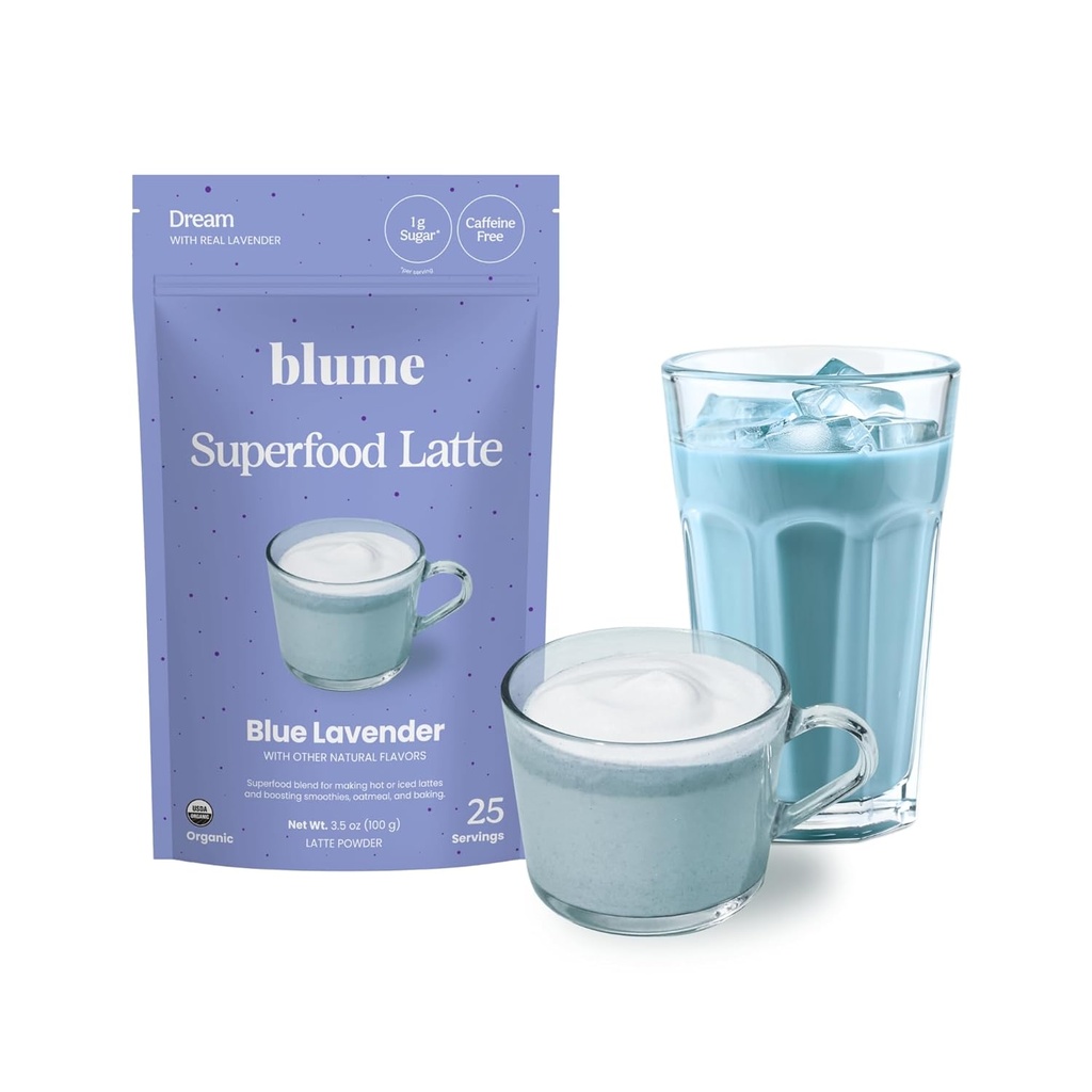 Blume Superfoods Latte - Blue Lavender Powder med Blue Spirulina och Coconut Milk, Koffeinfri, Low-Sugar, Organic, Keto Friendly, Vegan, stöder sömn och lugn, Lavender Latte-25 portioner