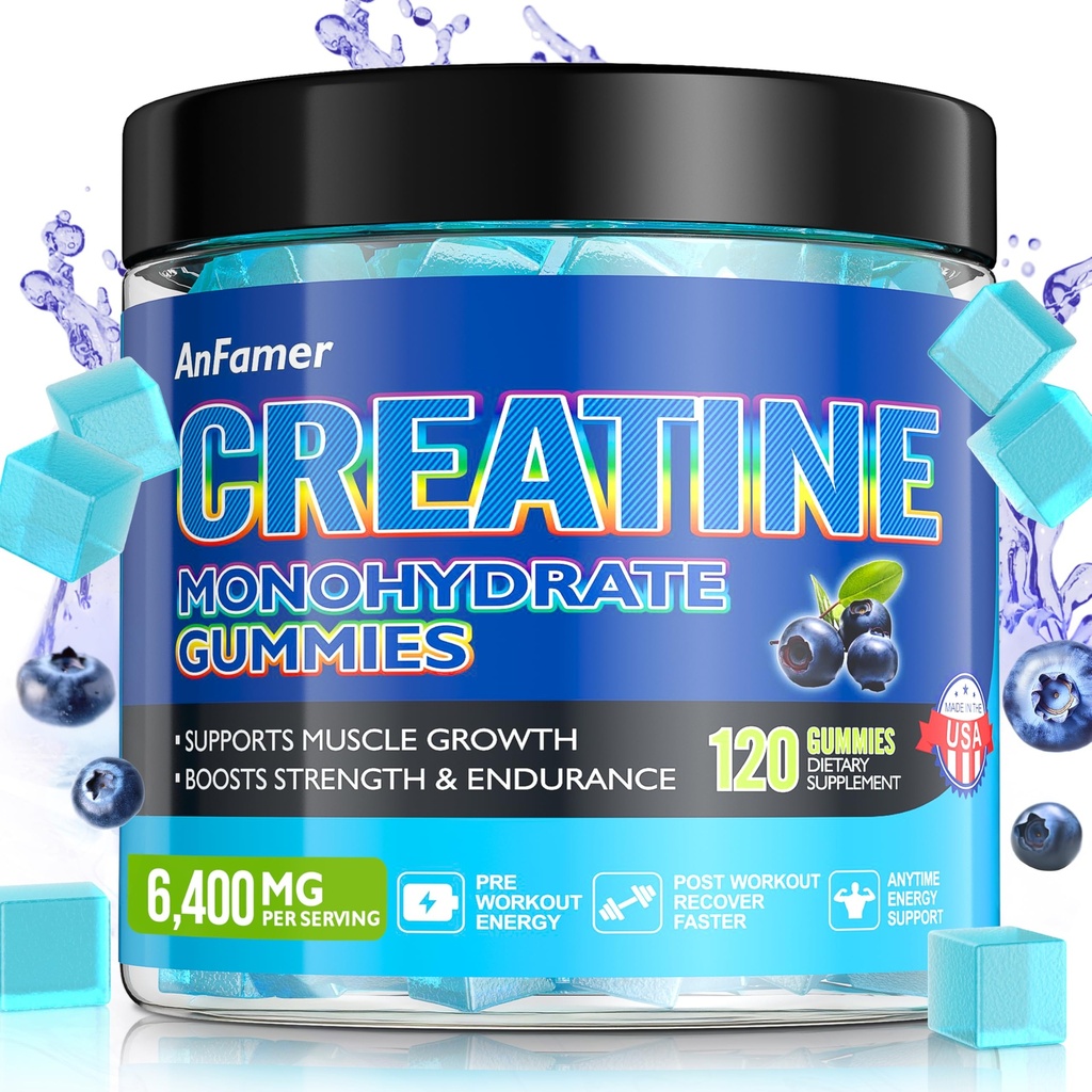 Kreatinmonohydrat Gummies för män och kvinnor, öka styrka och bygga muskler, energi och Booty Gain, Preworkout Supplement, Sugar Free, Vegan, Chewables Blueberry Flavor-120 Count