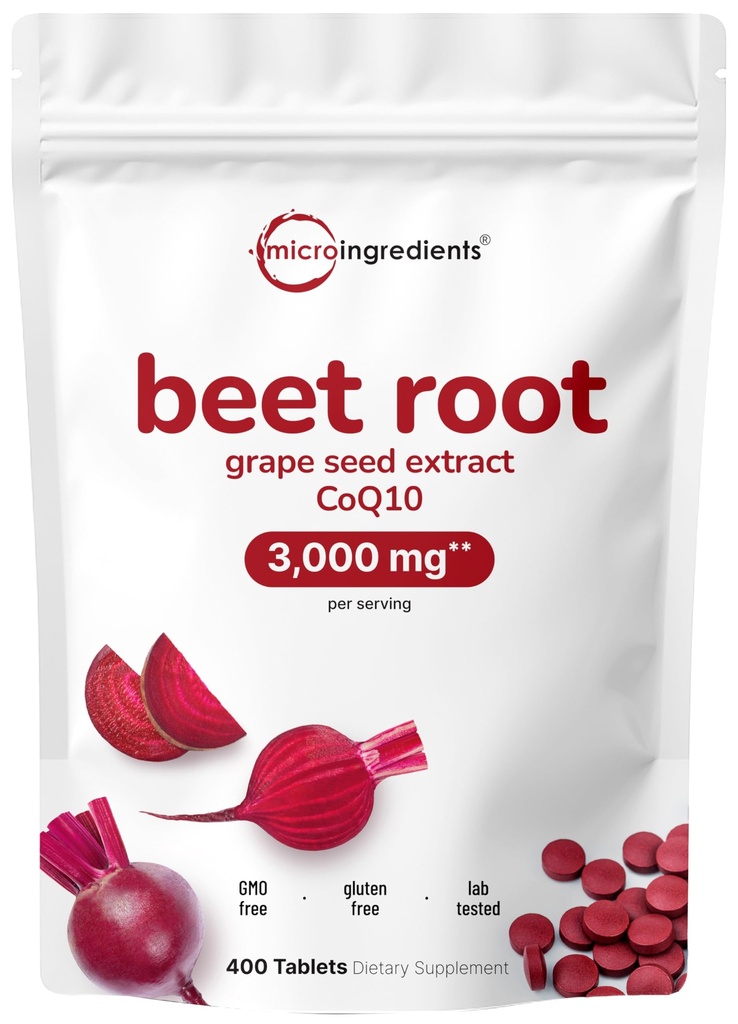 Beet Root 3.000mg med Grape Seed Extract & CoQ10, 400 tabletter | 200 portioner | Super Beets Supplements från Fresh Beetroot Extract för kväveoxid, blodtryck och hjärthälsostöd