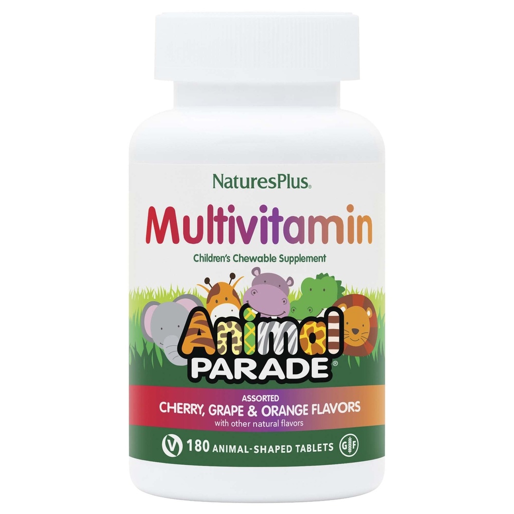 NaturesPlus Animal Parade Children's Chewable Multivitamin - 180 Djurformade tabletter - Naturliga sorterade smaker - Vegetarisk, glutenfri - 90 portioner