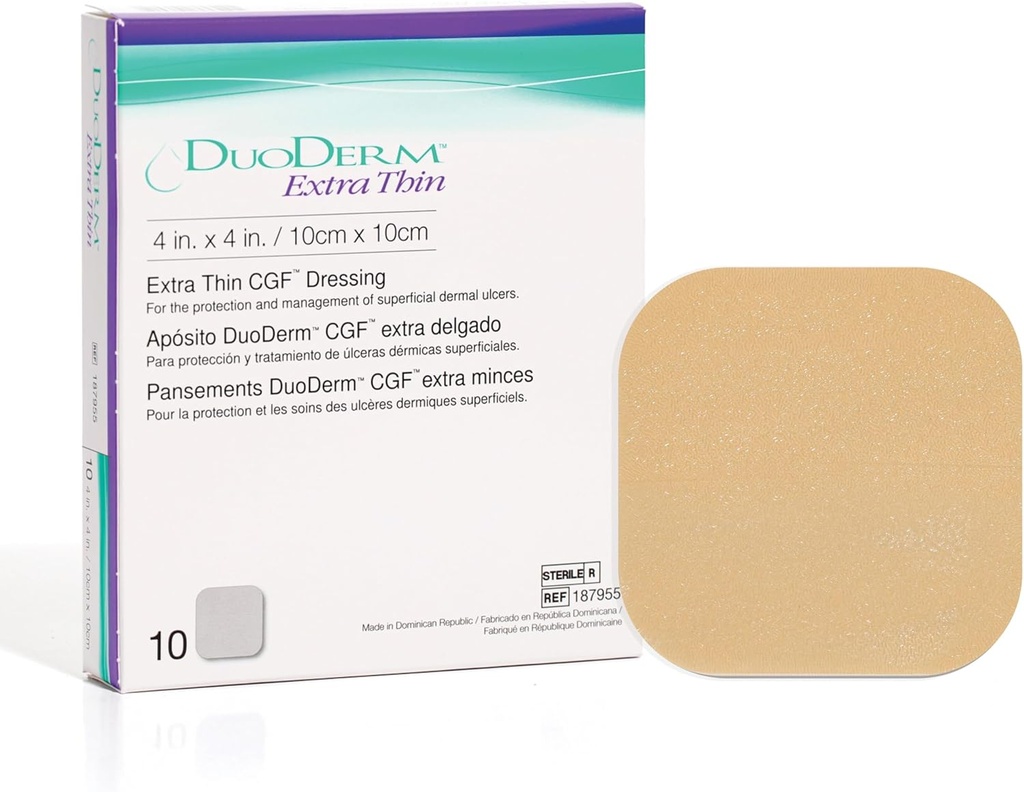 ConvaTec DuoDERM Extra Thin Control Gel Formel 4 "x4" Hydrocolloid Sterile Adhesive Dressing för ytliga sår, låg friktion, Latex-Free, Vattentät, Square, Beige, 10ct Box